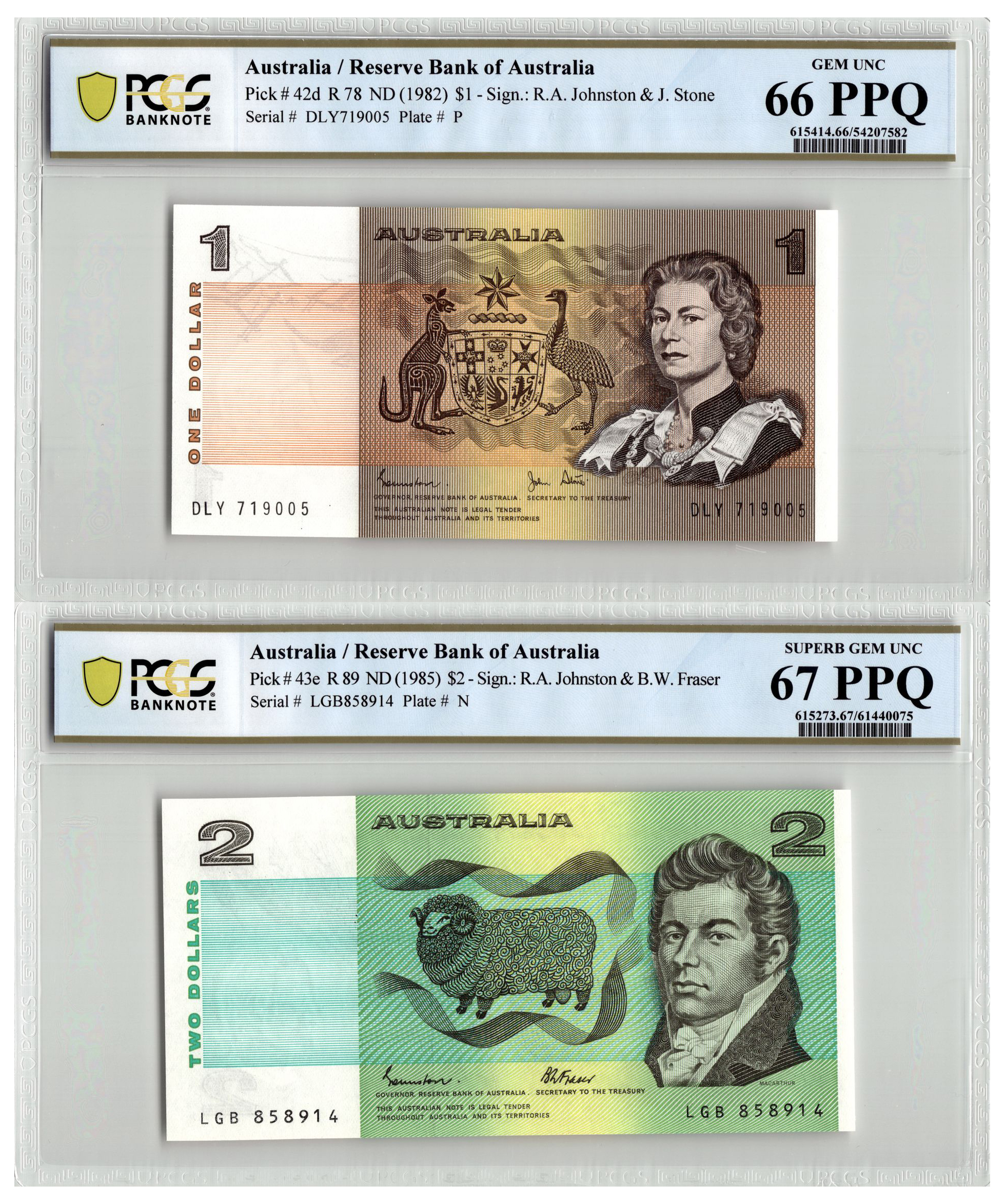 One Dollar - Two Dollars, 1982 - 1985, PCGS 66 PPQ - 67 PPQ