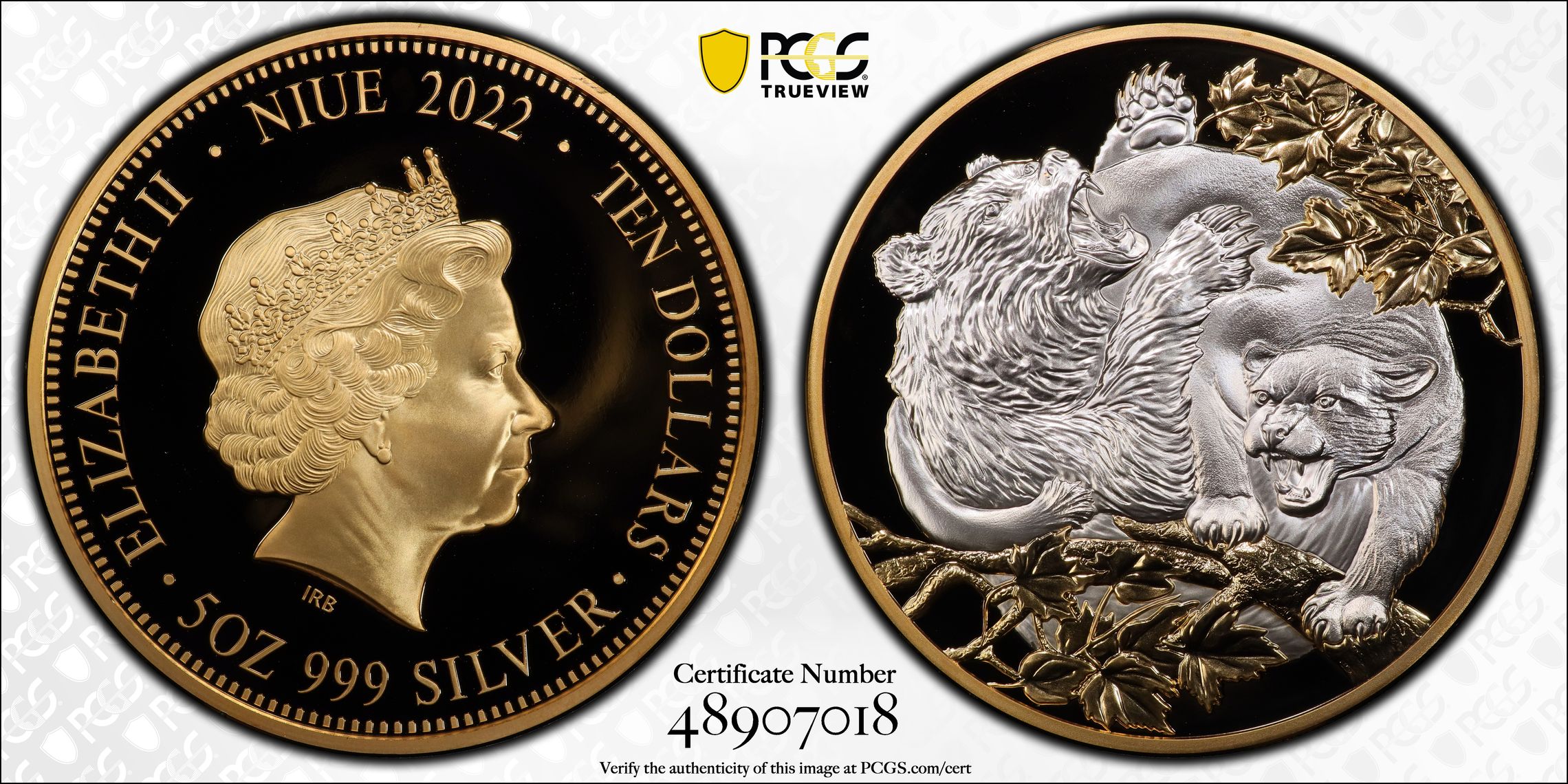 Niue, Cougar vs Bear Gilt Ag 5oz POP 2/0, Ten Dollar, 2022, PCGS PR69DCAM
