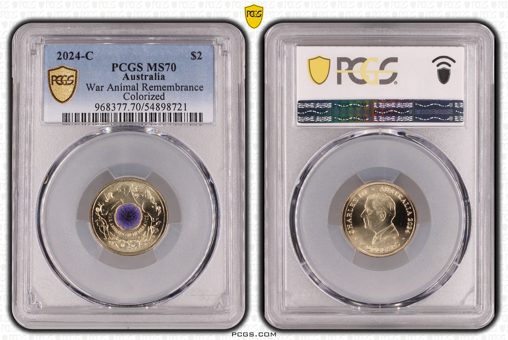 War Animal Remembrance Colourised, Two Dollar, 2024-C, PCGS MS70