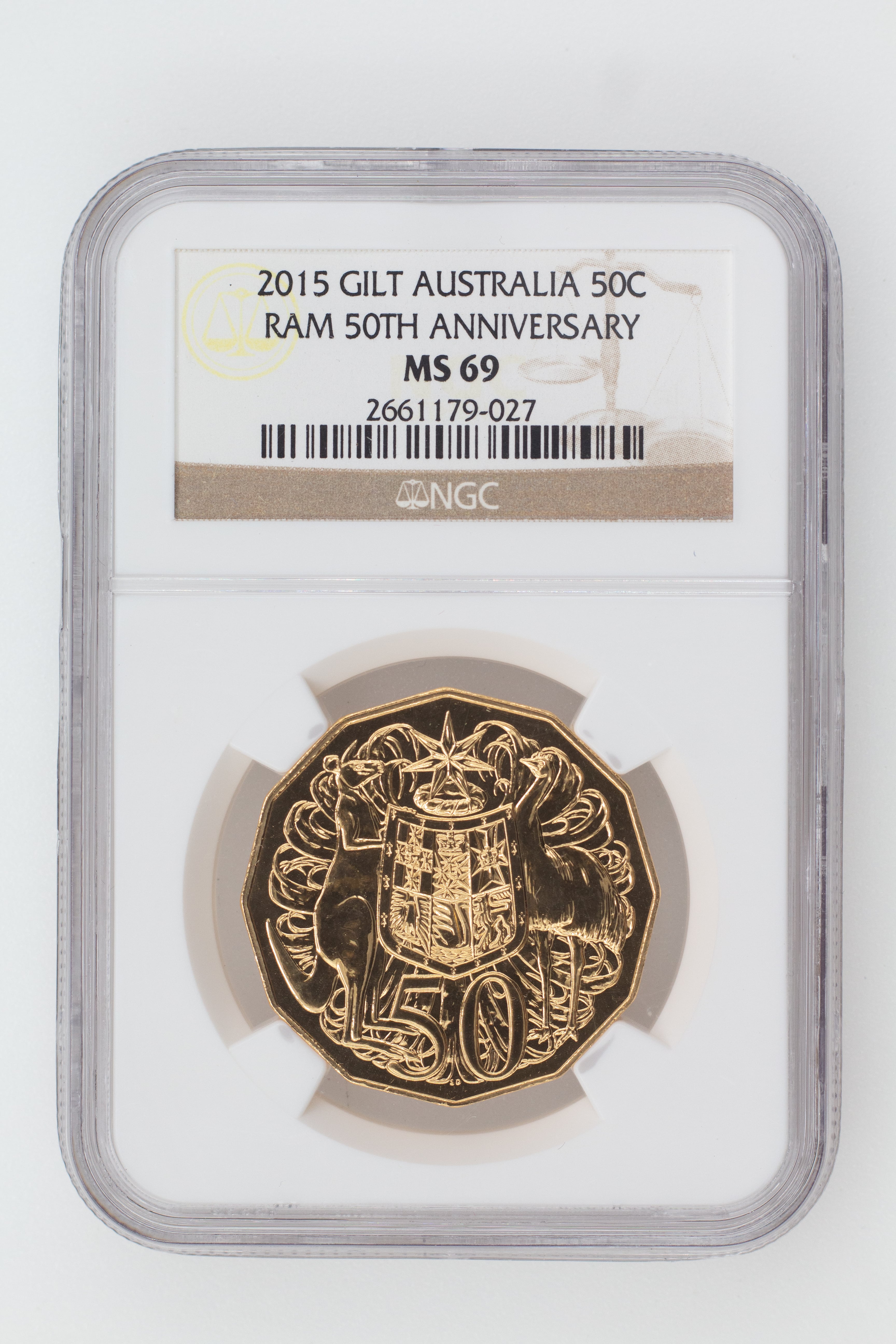 2015 Australia Fifty Cent, 50c Gilt RAM 50th Anniversary - MS69 - NGC-027