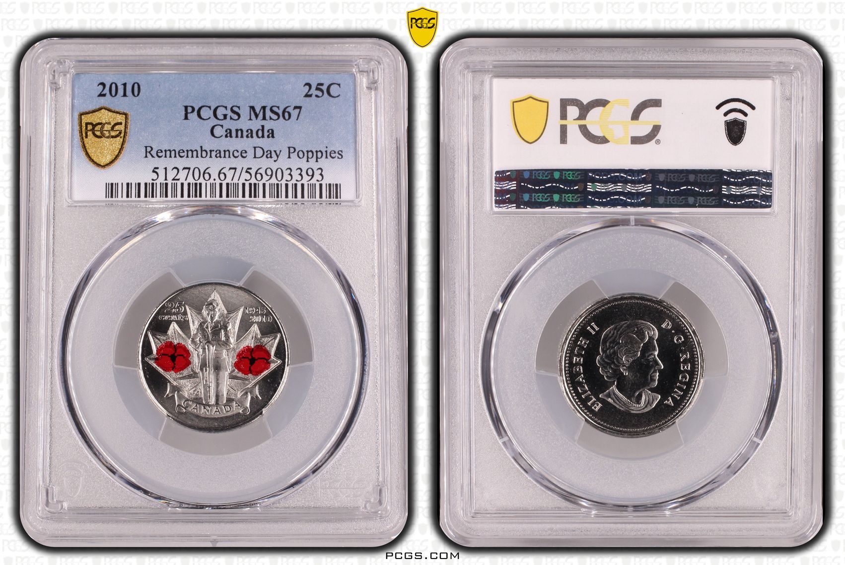 224 · Canada, Remembrance Day Poppies, Twenty Five Cent, 2010, PCGS MS67
