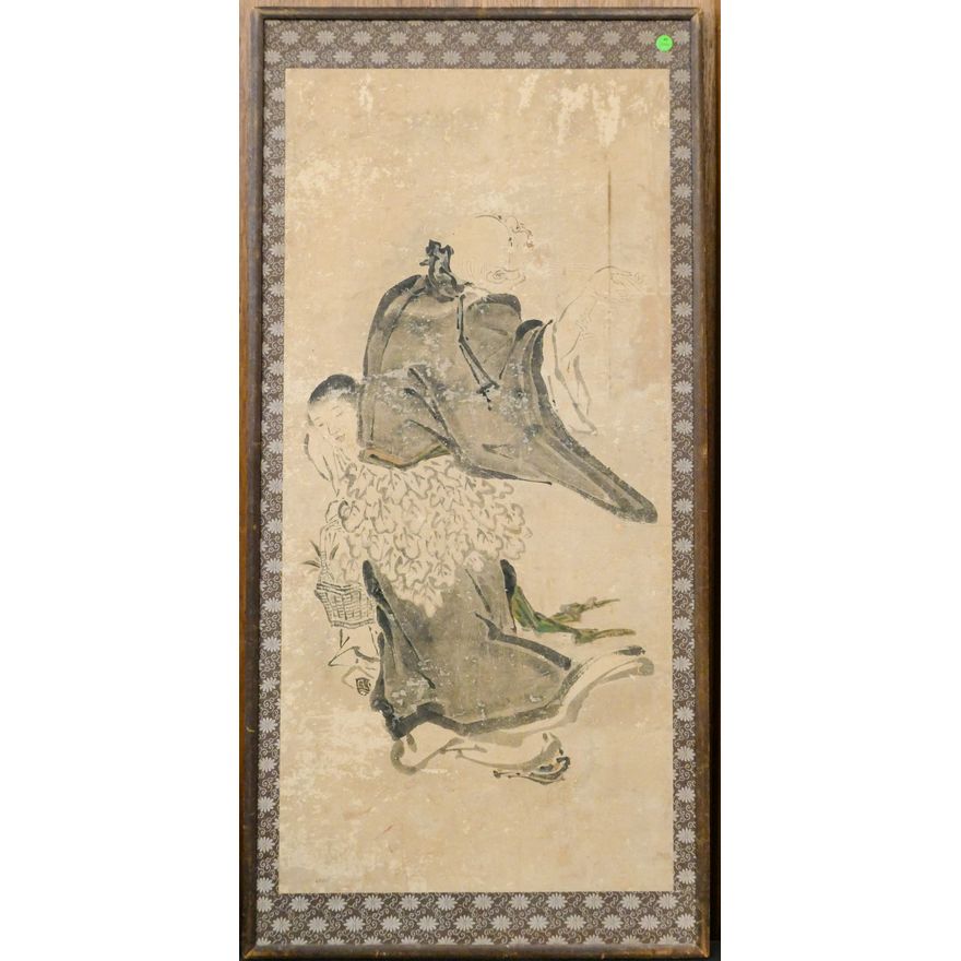 Edo Japanese Mounted Scroll Painting of Scholar Framed 44''x21''