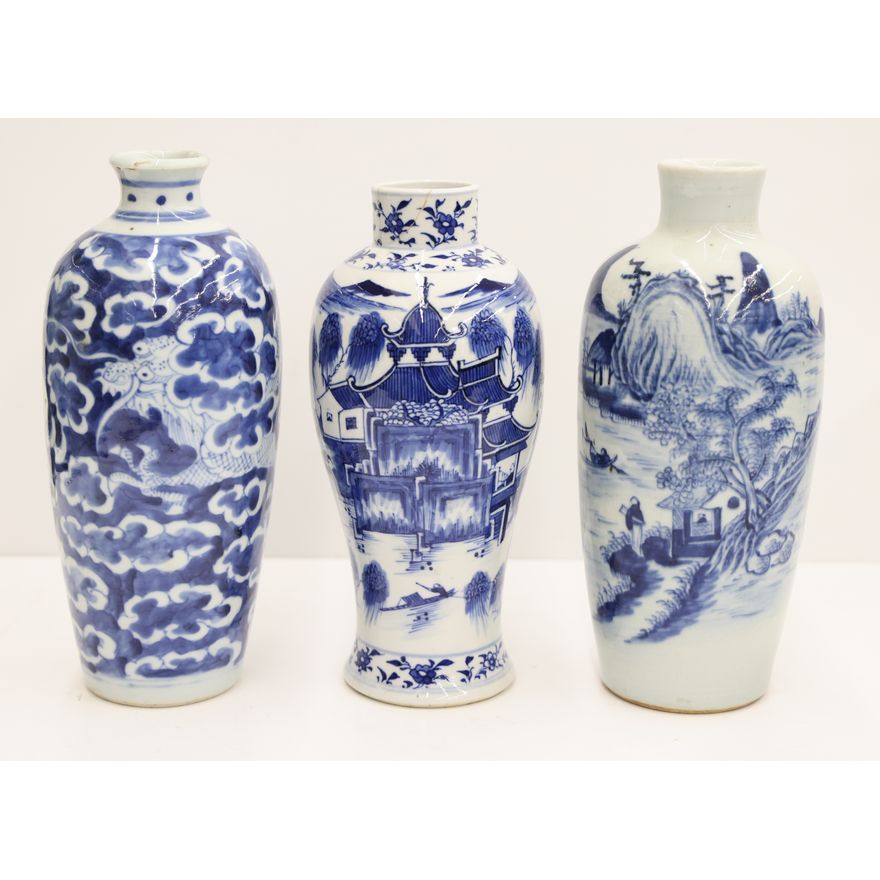 3pc Chinese Blue & White Porcelain Vases