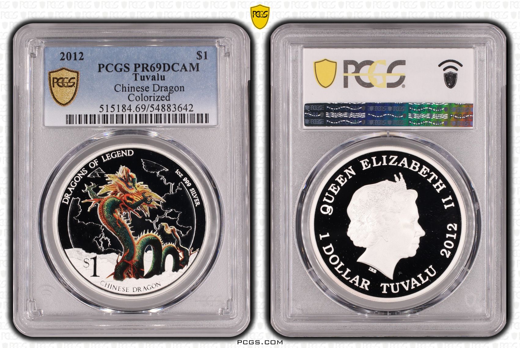 266 · Tuvalu, Chinese Dragon Colorized, One Dollar, 2012, PCGS PR69DCAM