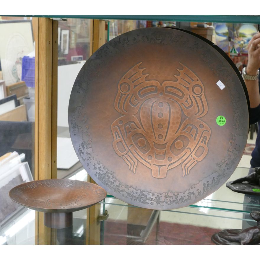 2pc H. Alfred NW Coast Worked Copper Charger & Compote- 6.5'' and 13.5''