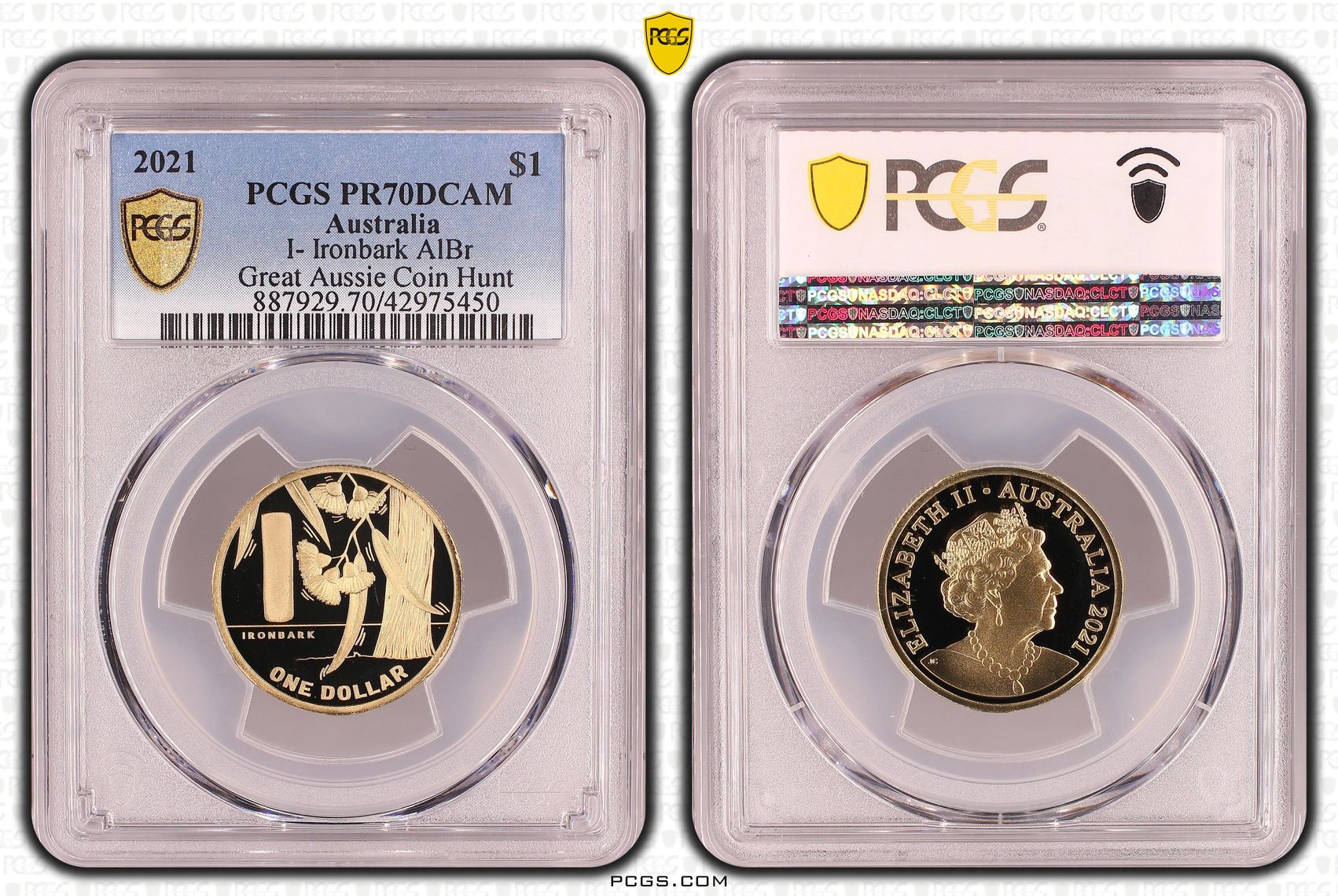 Elizabeth II, I- Ironbark, Great Aussie Coin Hunt, One Dollar, PR70DCAM , 2021 PCGS POP - 2/0