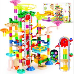 JOYIN 236PCS GLOWING MARBLE RUN WITH MOTORIZED ELEVATOR- CONSTRUCTION BUILDING BLOCKS TOYS WITH 30 GLOW IN THE DARK PLASTIC MARBLE