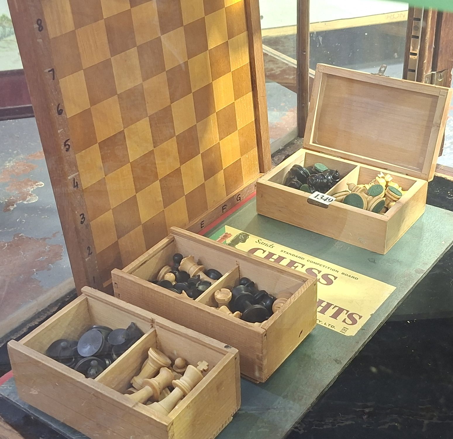 Carved Wooden Chess Board And Pieces