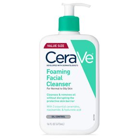 CERAVE FOAMING FACIAL CLEANSER, DAILY FACE WASH FOR OILY SKIN WITH HYALURONIC ACID, CERAMIDES, AND NIACINAMIDE, FRAGRANCE FREE, 16