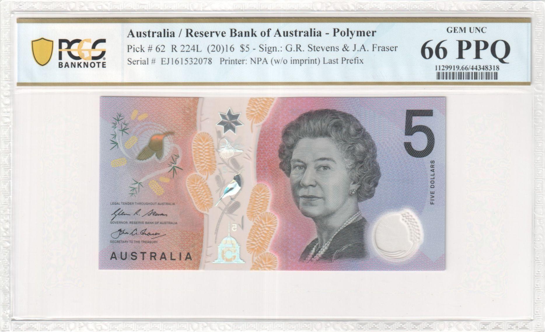 157 · RBA, Polymer, NPA (w/o imprint), Sign.: G.R. Stevens & J.A. Fraser, Last Prefix, Five Dollar, 2016, PCGS - Gem UNC 66 PPQ