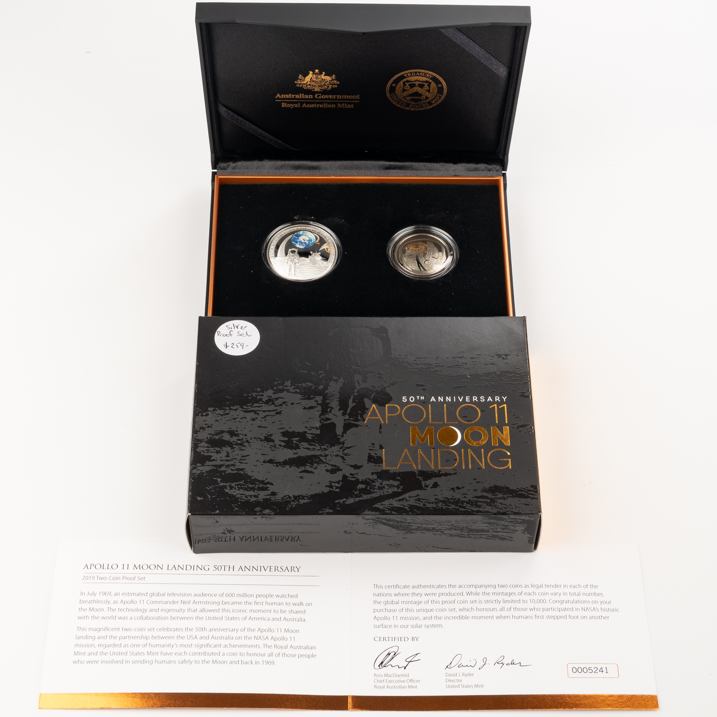 Elizabeth II, RAM / US Mint - Apollo 11 Moon Landing 50th Anniversary, Five Dollars & Half Dollar, 2019, FDC