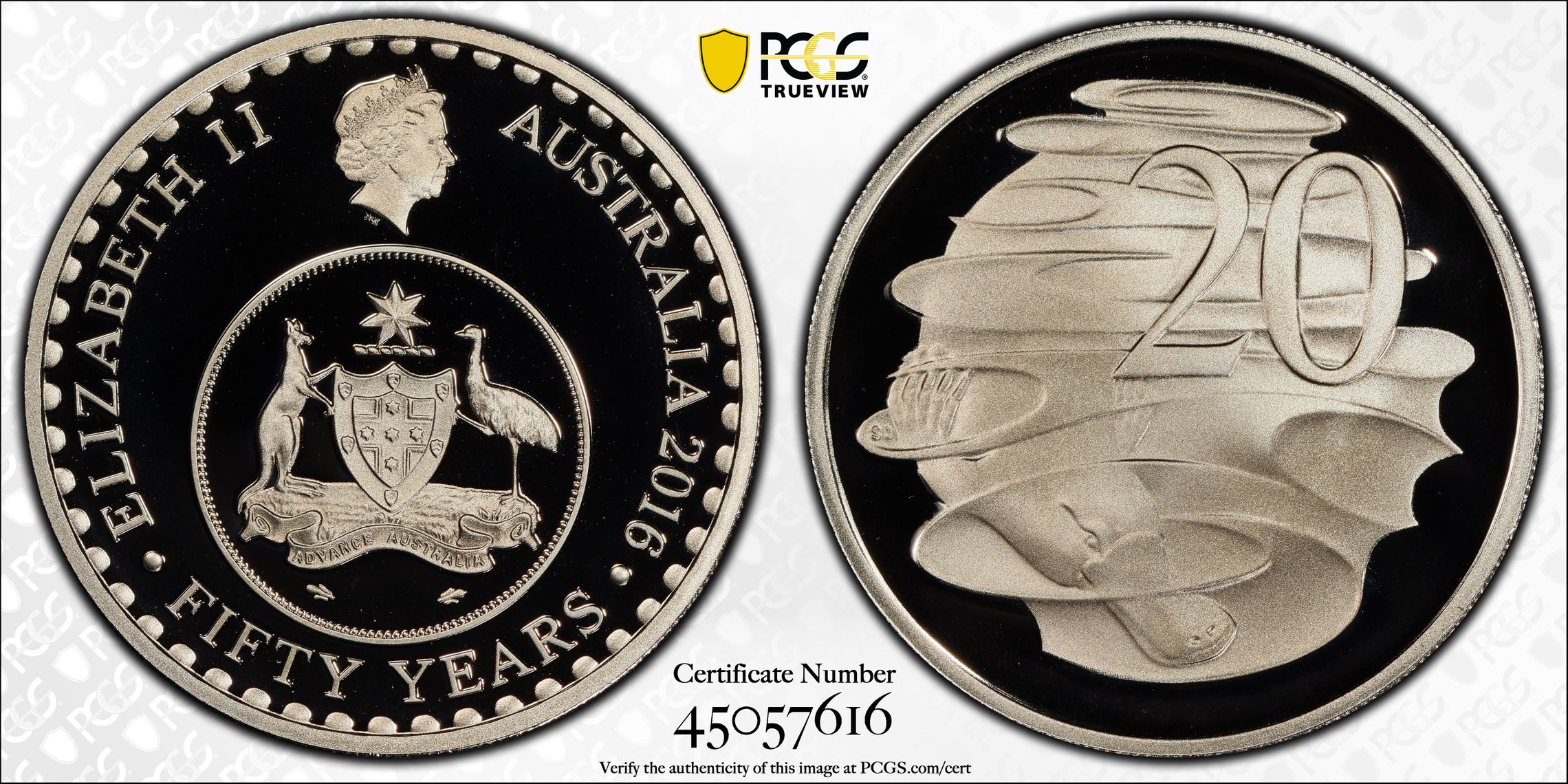 Elizabeth II, 50 Yrs Decimal Currency, Twenty Cent, 2016, PCGS PR70DCAM