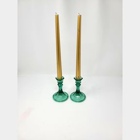 Pair of Teal Glass Candle Holders with Gold Taper Candles