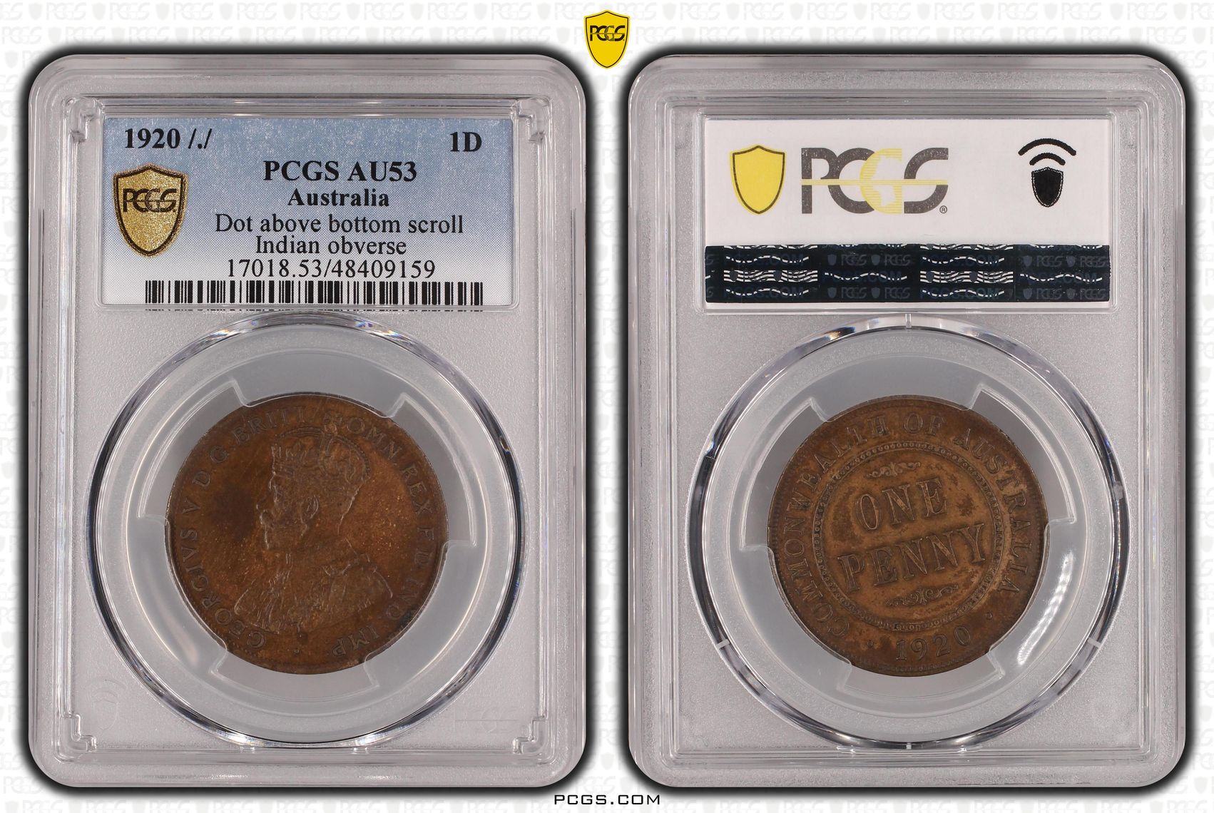 George V, Dot above bottom scroll, Indian obverse, Penny, 1920, PCGS AU53BN