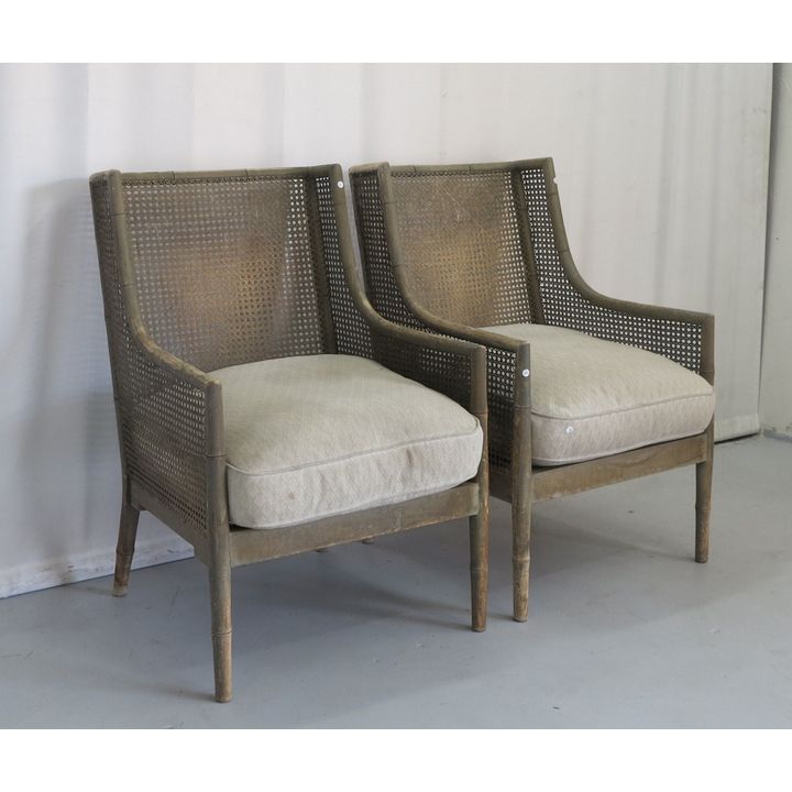 PAIR OF LA GRANGE RATTAN UPHOLSTERED ARMCHAIRS