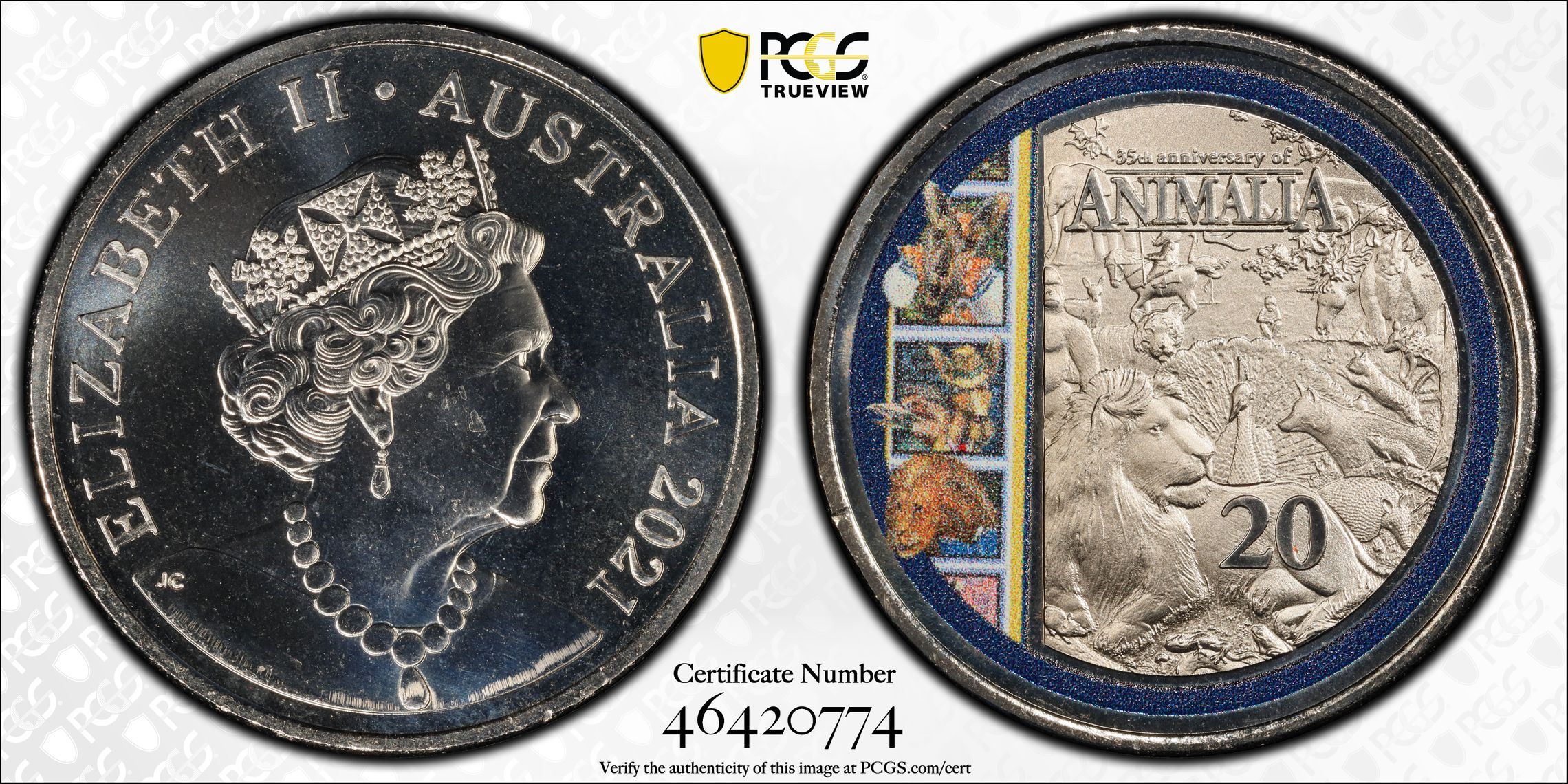 164 · Elizabeth II, Animalia 35th Ann. , Twenty Cent, 2021, PCGS MS68