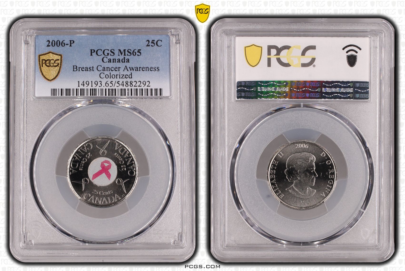 Canada, Breast Cancer Awareness Colorized, Twenty Five Cent, 2006-P, PCGS MS65