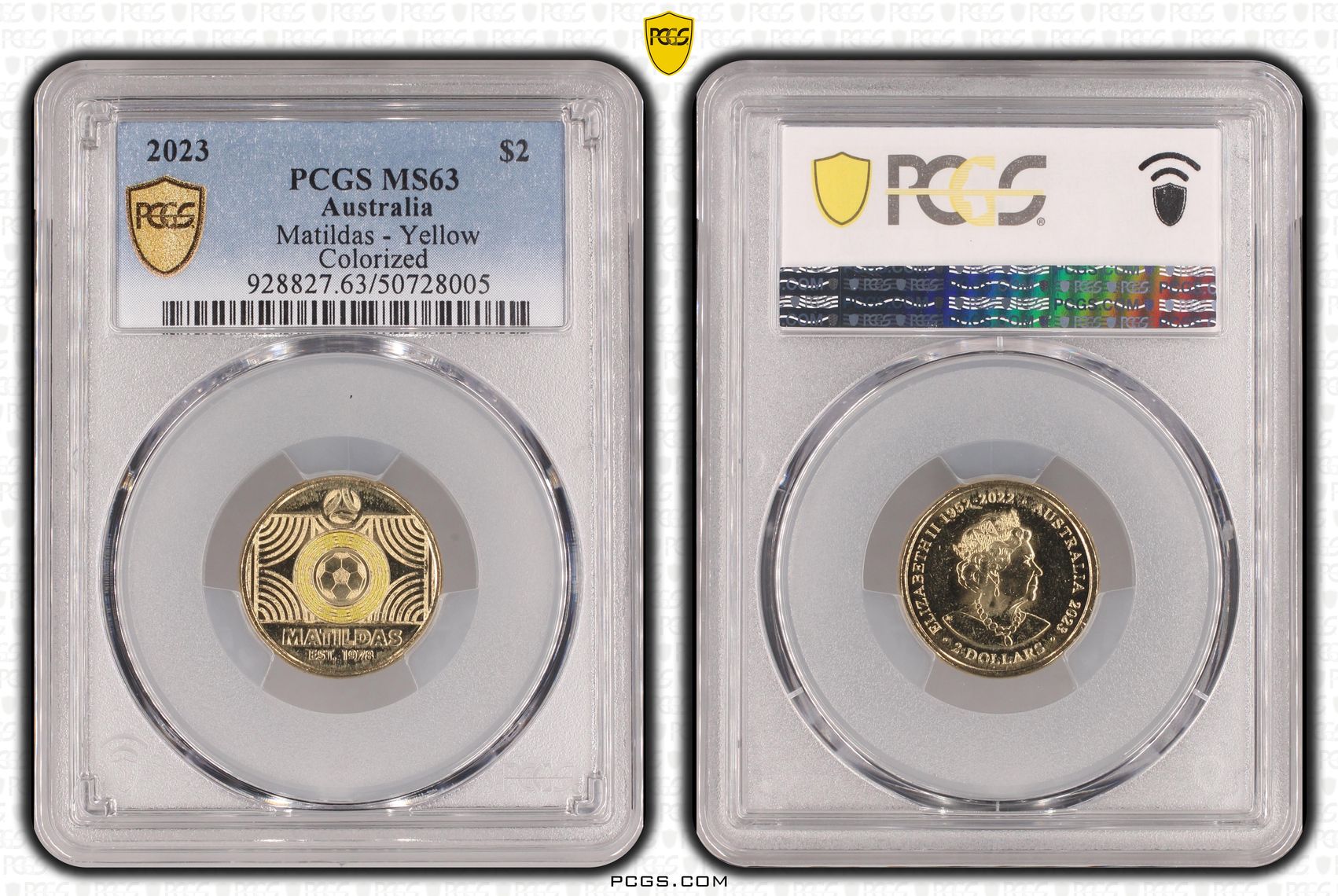 Matildas - Yellow Colorized , Two Dollar, 2023, PCGS MS63