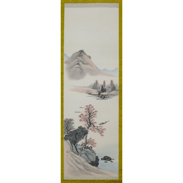 Old Japanese Painted Landscape Scroll 50''x17'' Image - Comes with tomobako