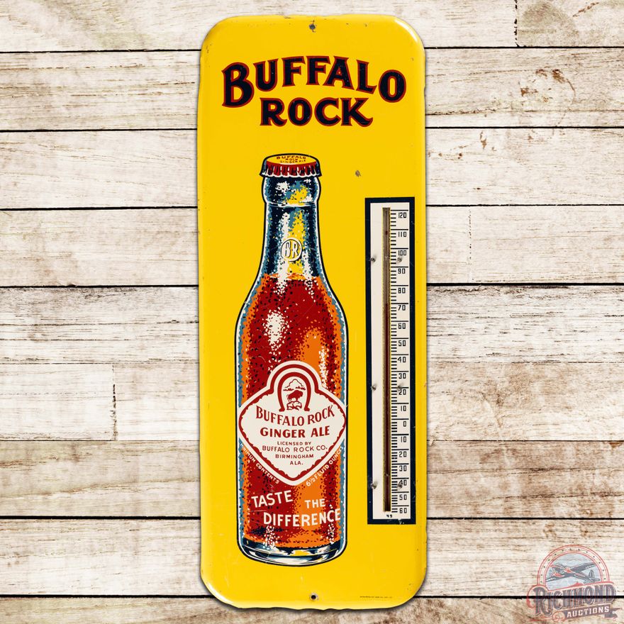 Buffalo Rock Ginger Ale SS Tin Thermometer Sign w/ Bottle
