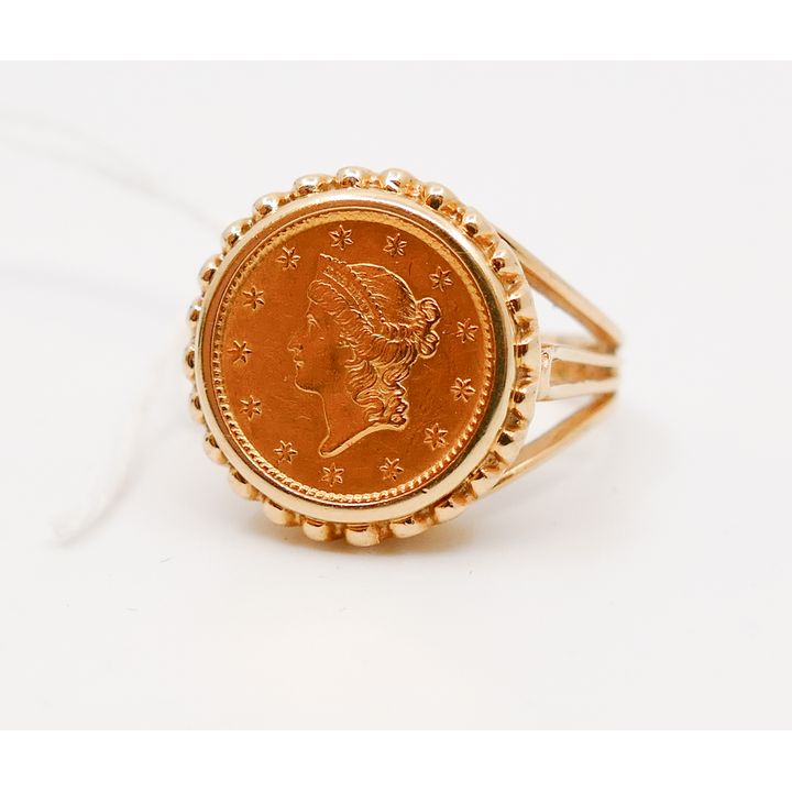1853 US $1 Gold Coin Ring set in 14K- Size 6- 6.2g TW