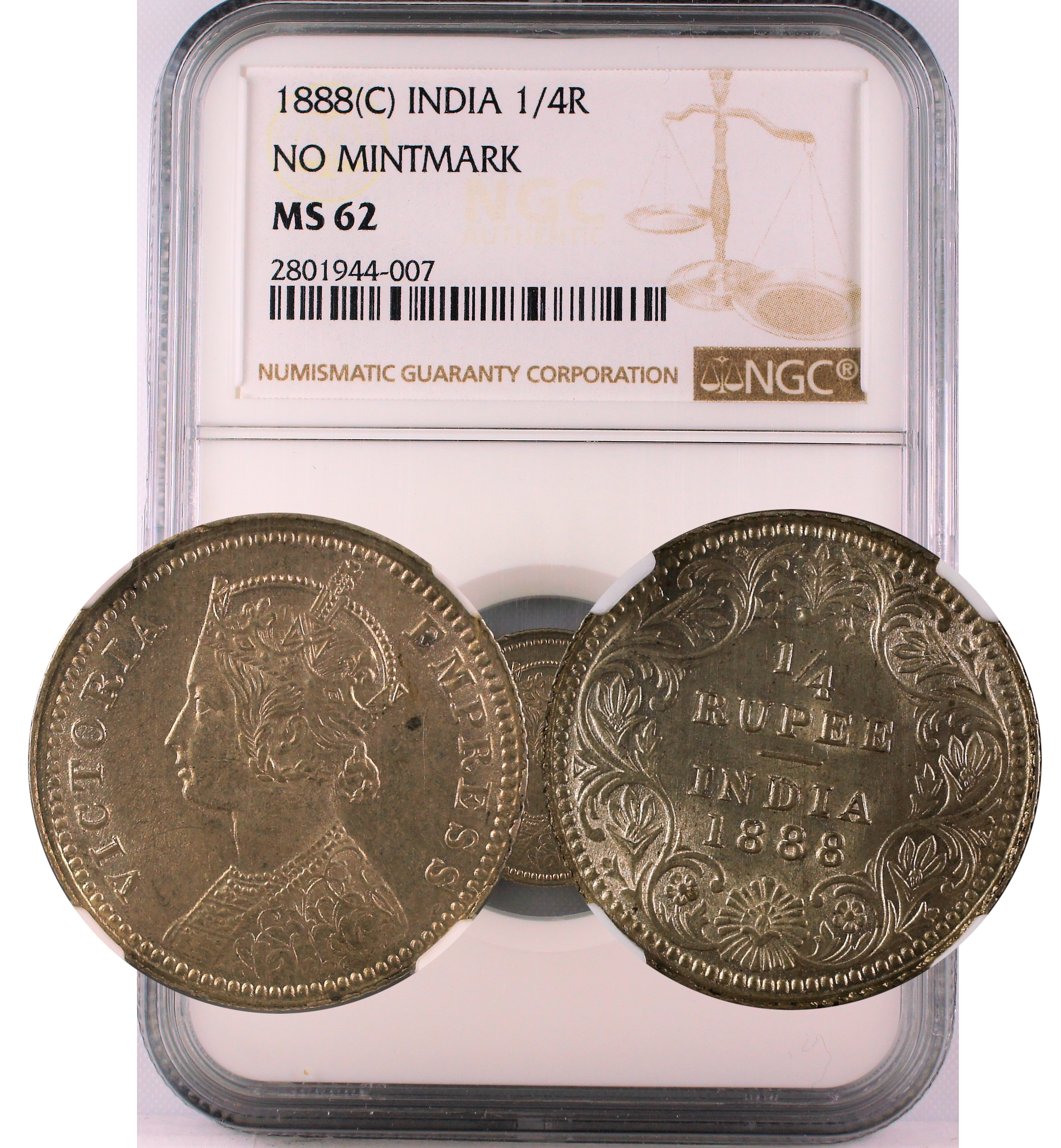 1888 C INDIA 1/4 RUPEE NO MINTMARK MS62