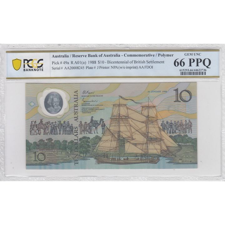 Bicentennial of British Settlement, Prefix AA; First Date of Issue, Ten Dollar, 1988, PCGS Gem UNC 66 PPQ