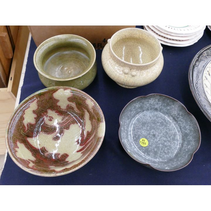 4pc Chinese Celadon & Crackle Glaze Bowls- largest 7'' diameter