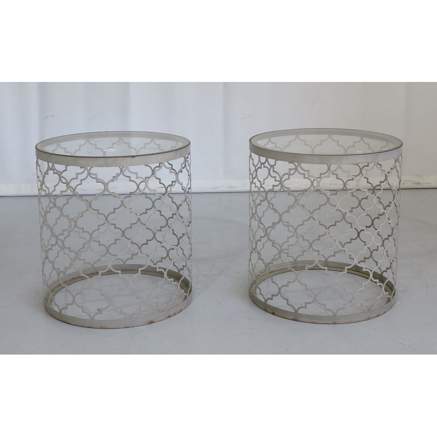 PAIR OF GLASS TOP STEEL SIDE TABLES