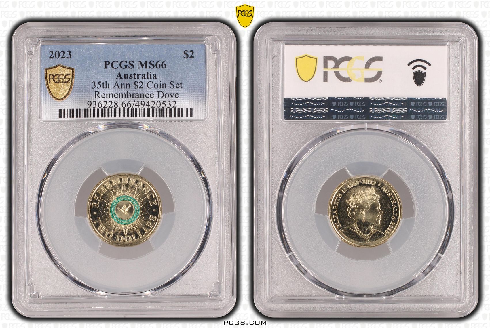 Elizabeth II, 35th Ann $2 Coin Set Remembrance Dove, Two Dollar, 2023, PCGS MS66