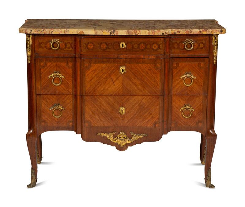 A French Gilt Metal Mounted Mahogany and Kingwood Marquetry Marble-Top Commode
