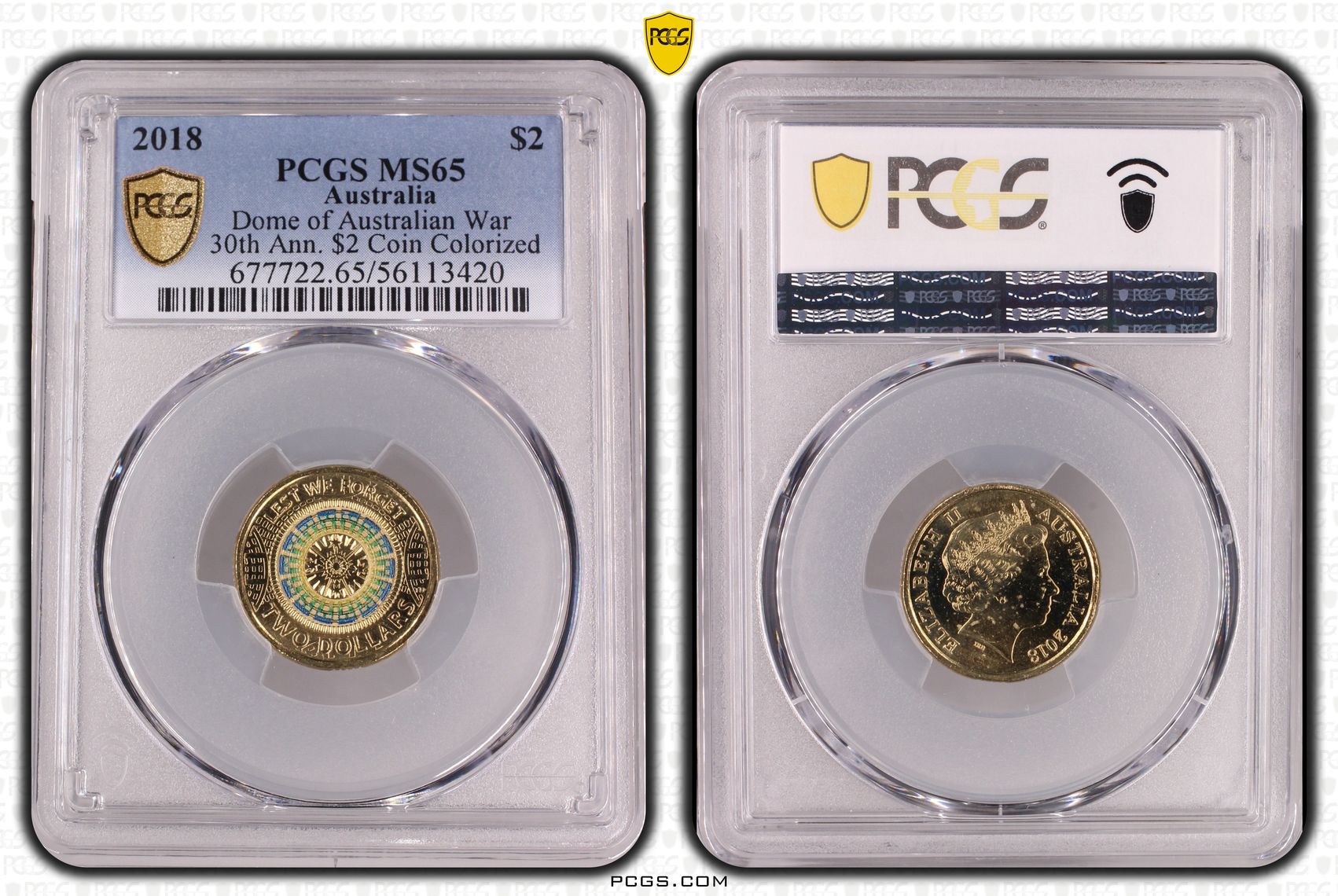 Dome of Australian War 30th Ann. $2 Coin Colourised, Two Dollar, 2018, MS65