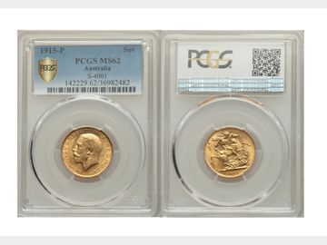 1915 King George V Perth Mint Gold Sovereign. Graded by PCGS MS62.