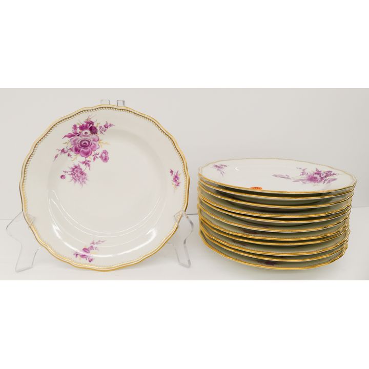 12pc Meissen Pink Flower Porcelain Dinner Plates