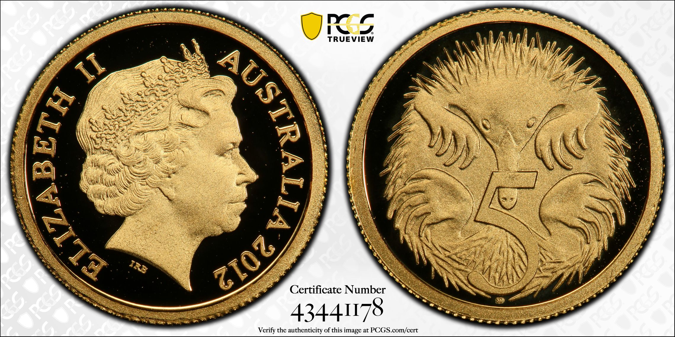 Elizabeth II, 0.5g Gold, Echidna, Five Cent, PR70DCAM , 2012 PCGS POP - 8/0