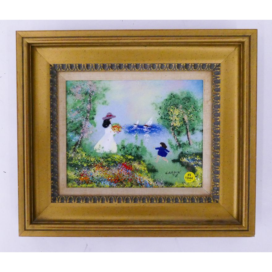 Louis Cardin Impressionist Enameled Plaque in Gallery Frame- 14x16''