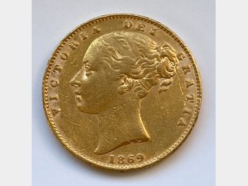 1869 VICTORIA #DIE 38 SHIELD GOLD SOVEREIGN