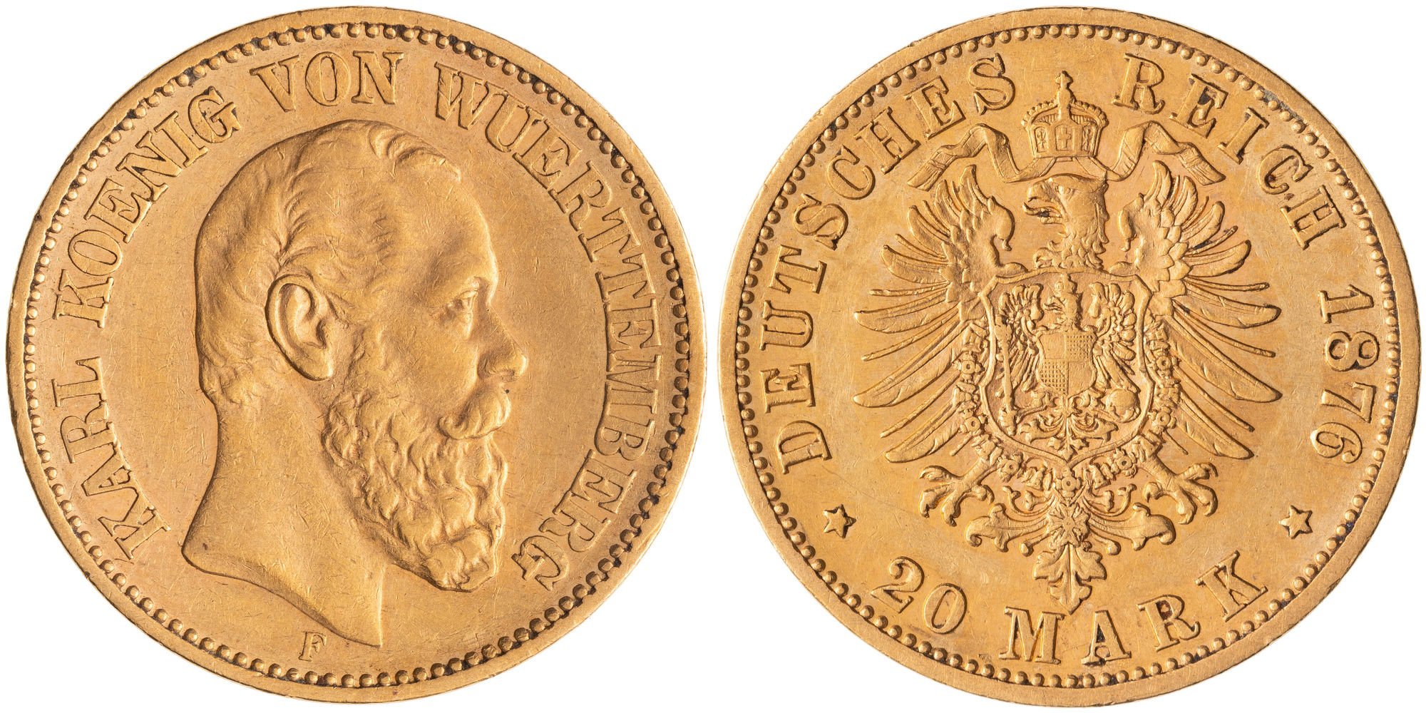 German States, Karl I, Kingdom of Wurttemburg, Twenty Mark, 1876, EF