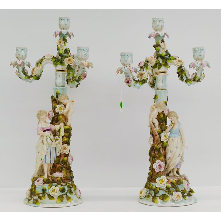 Pair Antique Sitzendorf Woman with Putti Porcelain Candelabras 21''