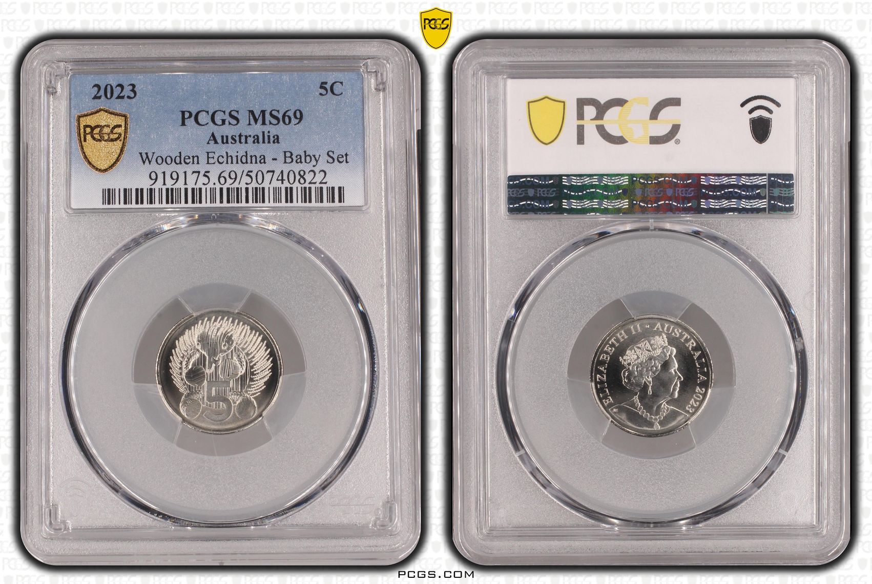 Wooden Echidna - Baby Set , Five Cent, 2023, PCGS MS69