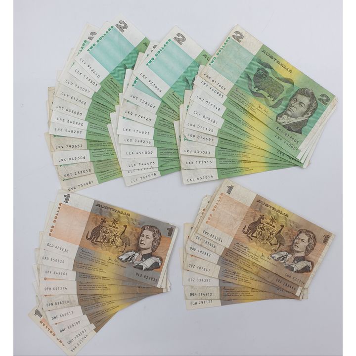 Aust $1/$2 Paper Notes (16x $1 / 30x $2)