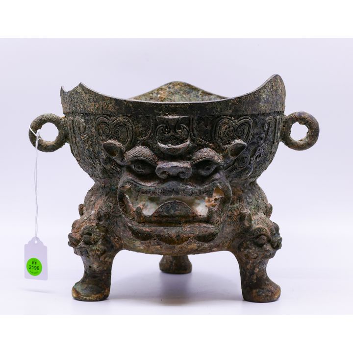 Chinese Archaic Bronze Tripod Mask Censer- edge chip- 9x12''