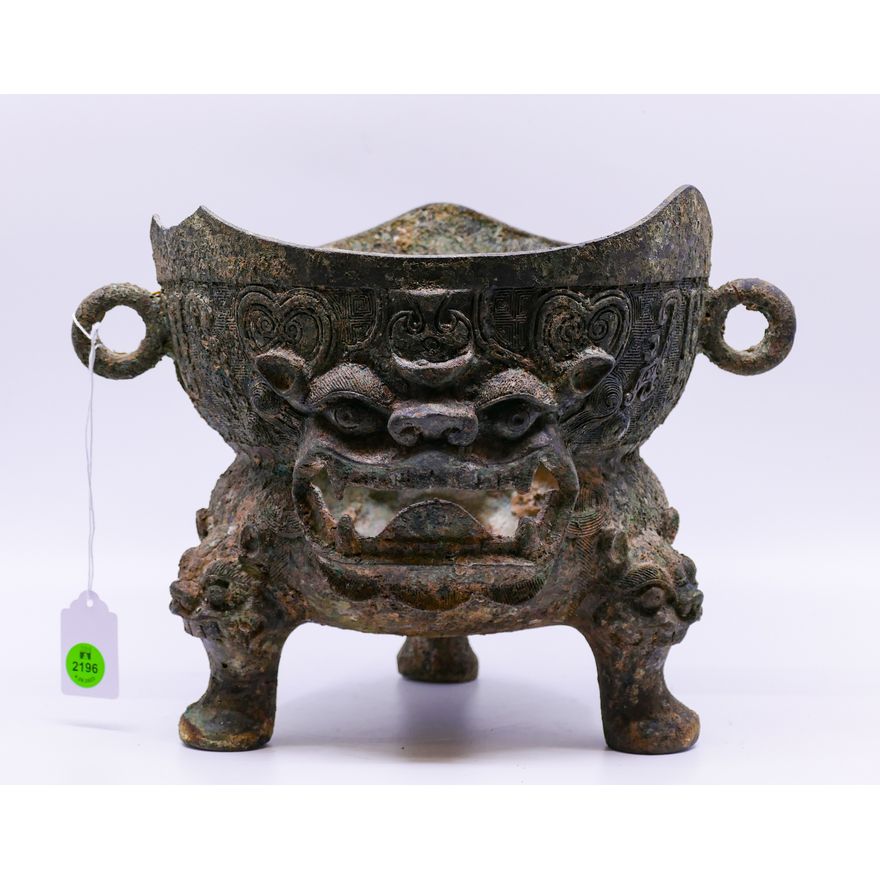 Chinese Archaic Bronze Tripod Mask Censer- edge chip- 9x12''