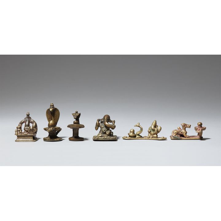 An group of six Indian copper alloy figures and altars. 19th century