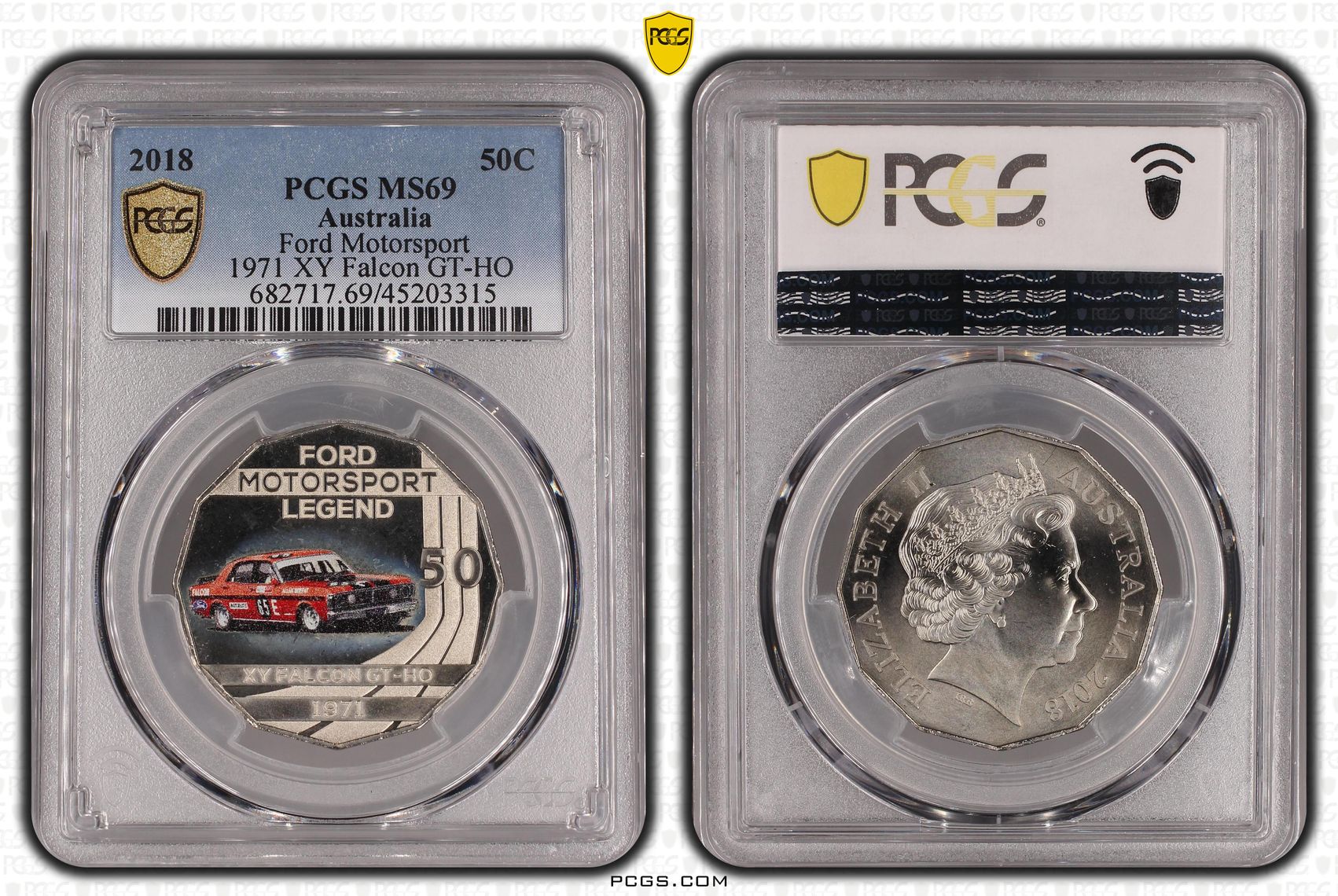 2018 Australia Fifty Cent, 50c Ford Motorsport - 1971 XY Falcon GT-HO PCGS - MS69 -315