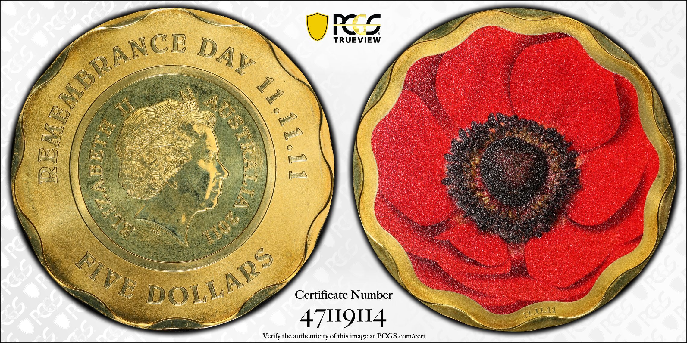 Remembrance Day - Colorized, Five Dollar, 2011, PCGS MS68