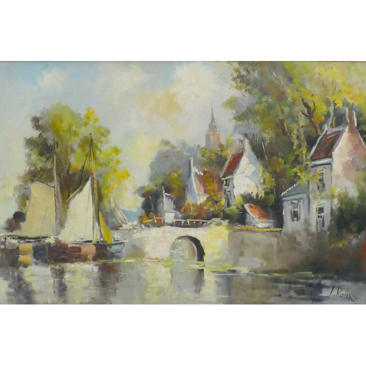 J. Rolands (b.1913 Dutch) ''Town Scene'' Oil on Canvas Framed 28''x40''