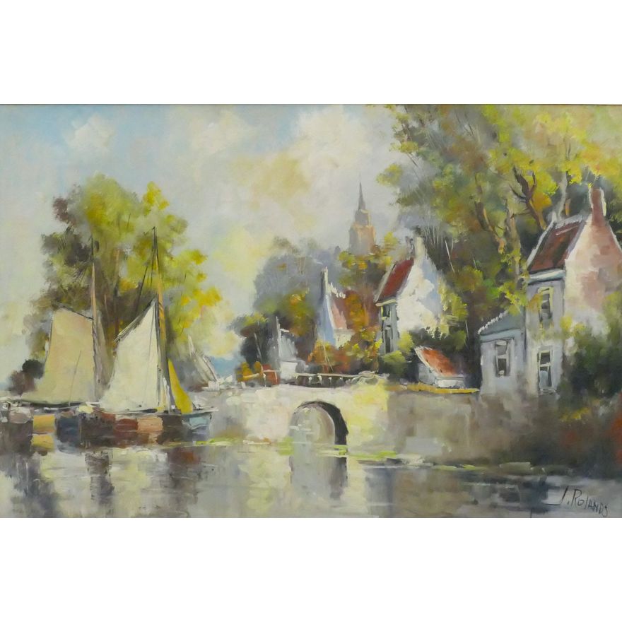J. Rolands (b.1913 Dutch) ''Town Scene'' Oil on Canvas Framed 28''x40''