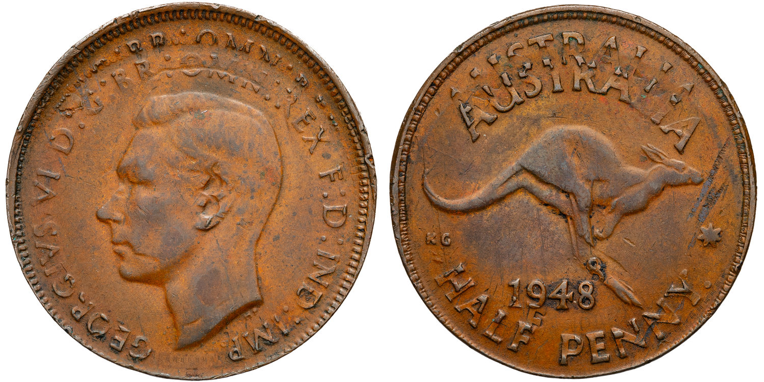 George VI, Double-Struck, Halfpenny, 1948 Y., VF