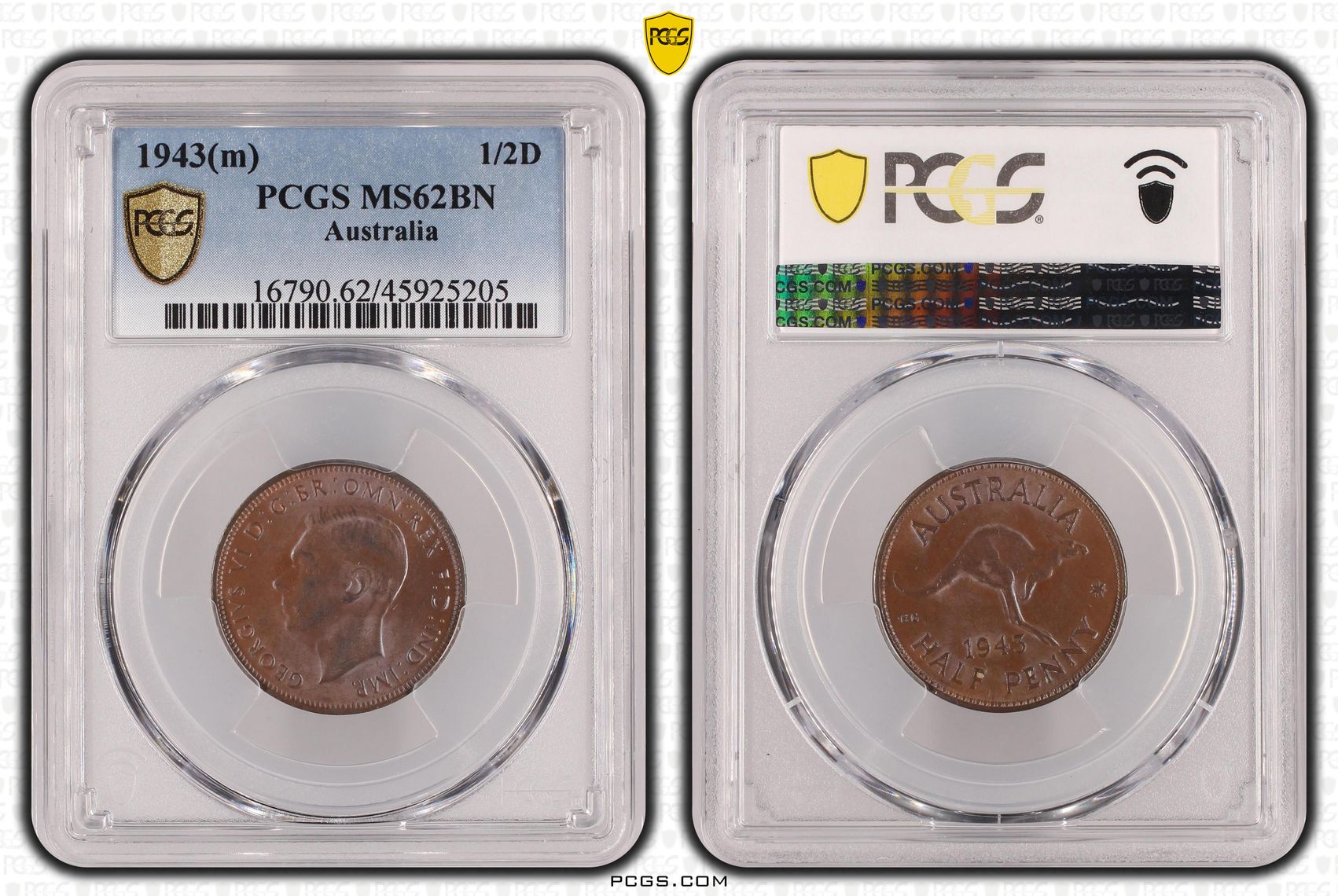 1943(m) Australia Half Penny PCGS - MS62BN -205